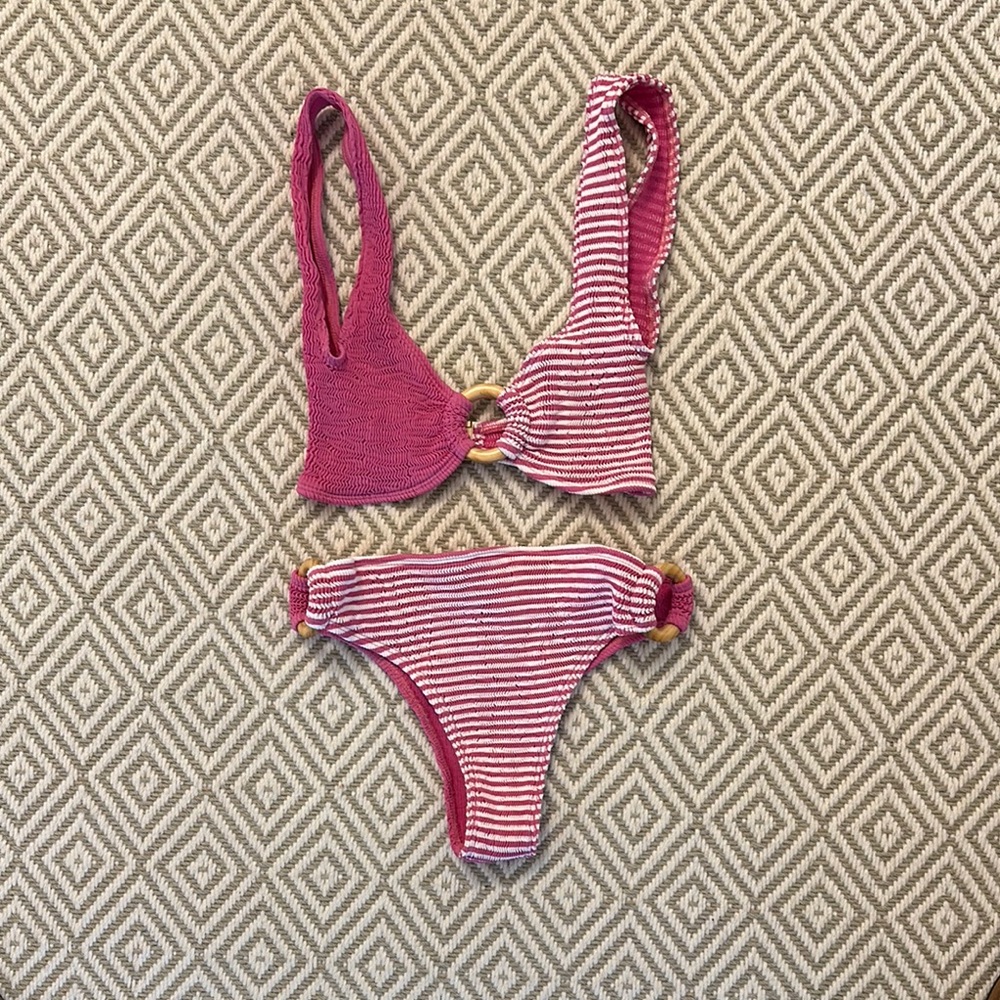 Pink and White Striped Bikini Set